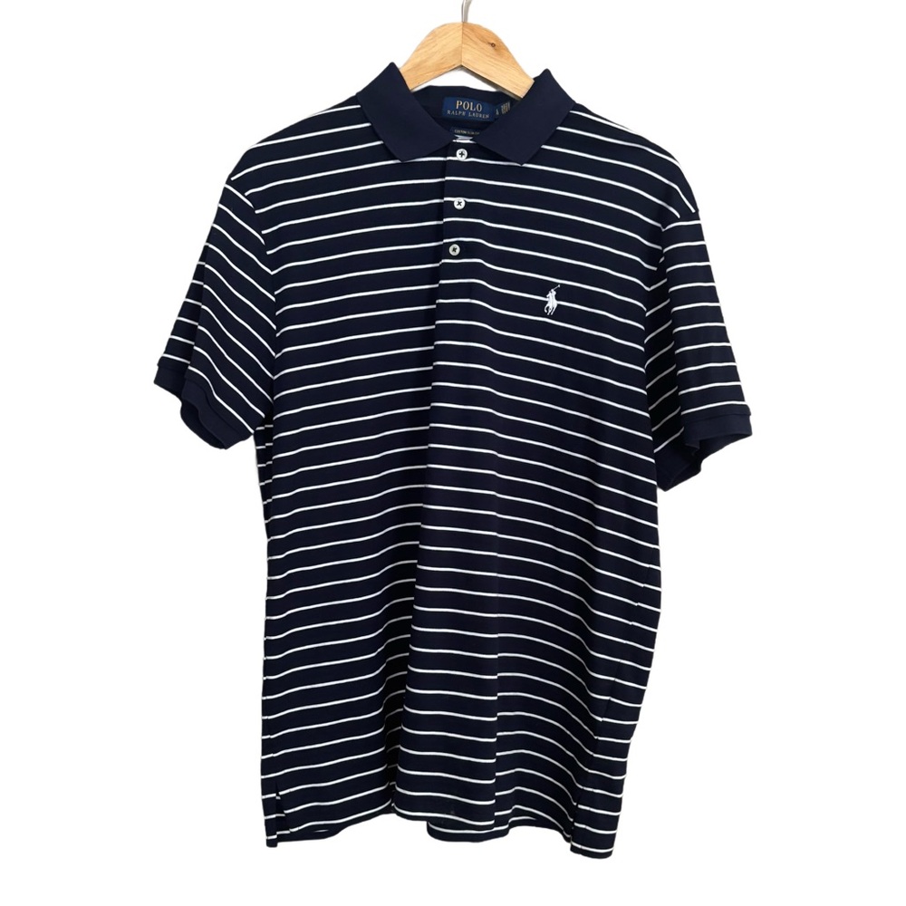 Vintage Ralph Lauren Men's Navy & White Striped Custom Slim Polo Shirt Size L